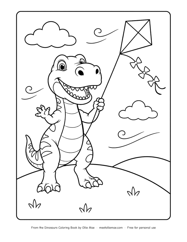 T. rex Flying a Kite coloring page